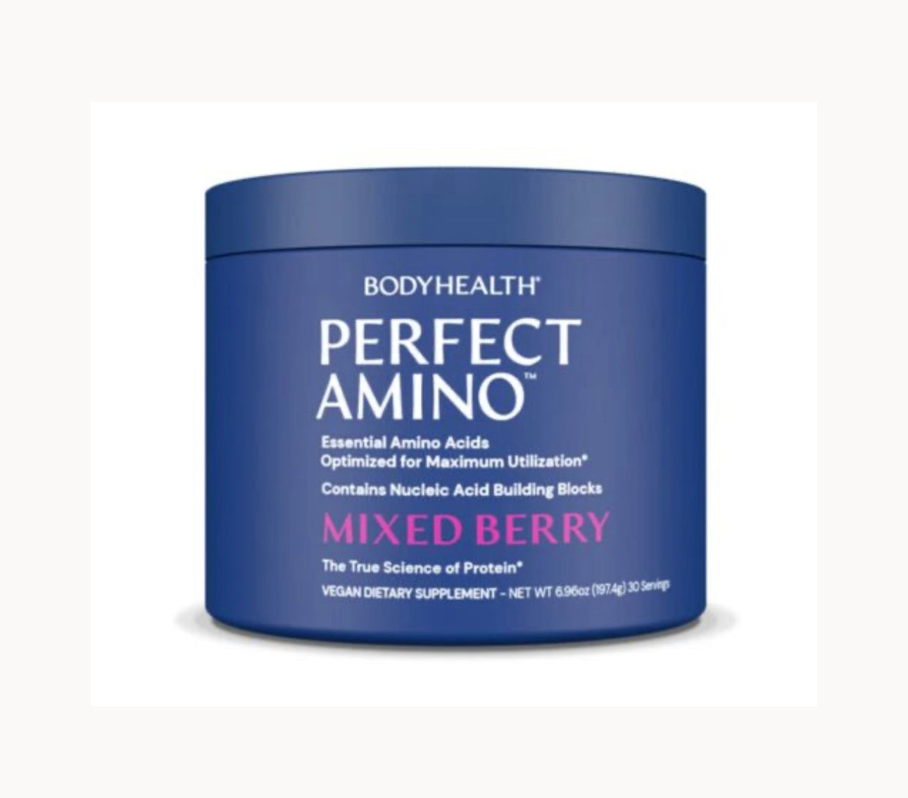 Blue container of 'Perfect Amino' mixed berry flavor supplement on a white background