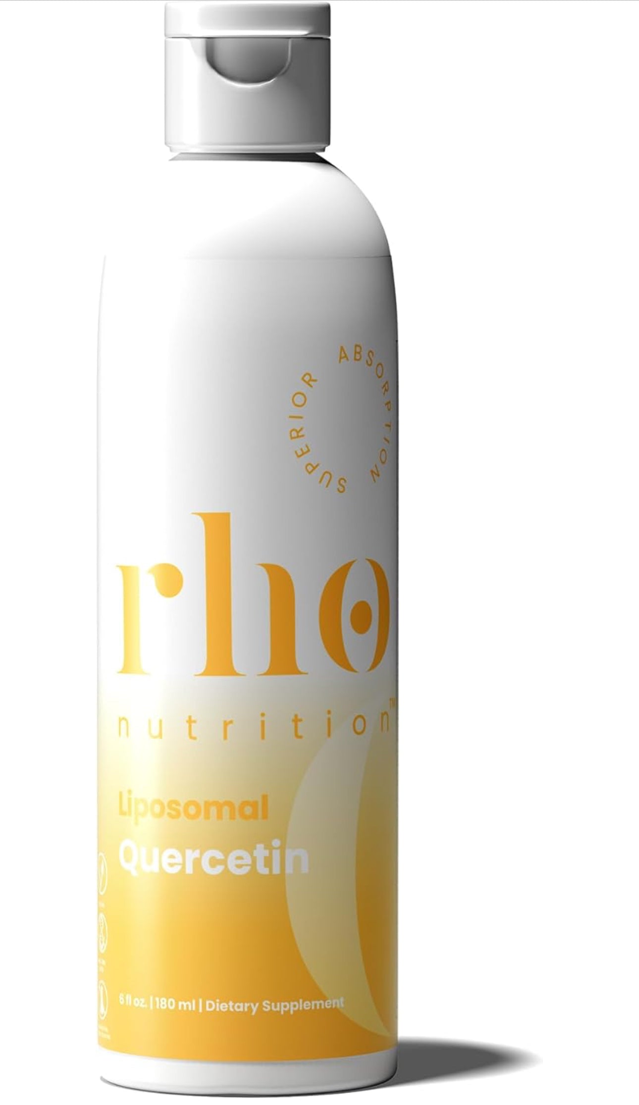 White supplement bottle with yellow text on a white background