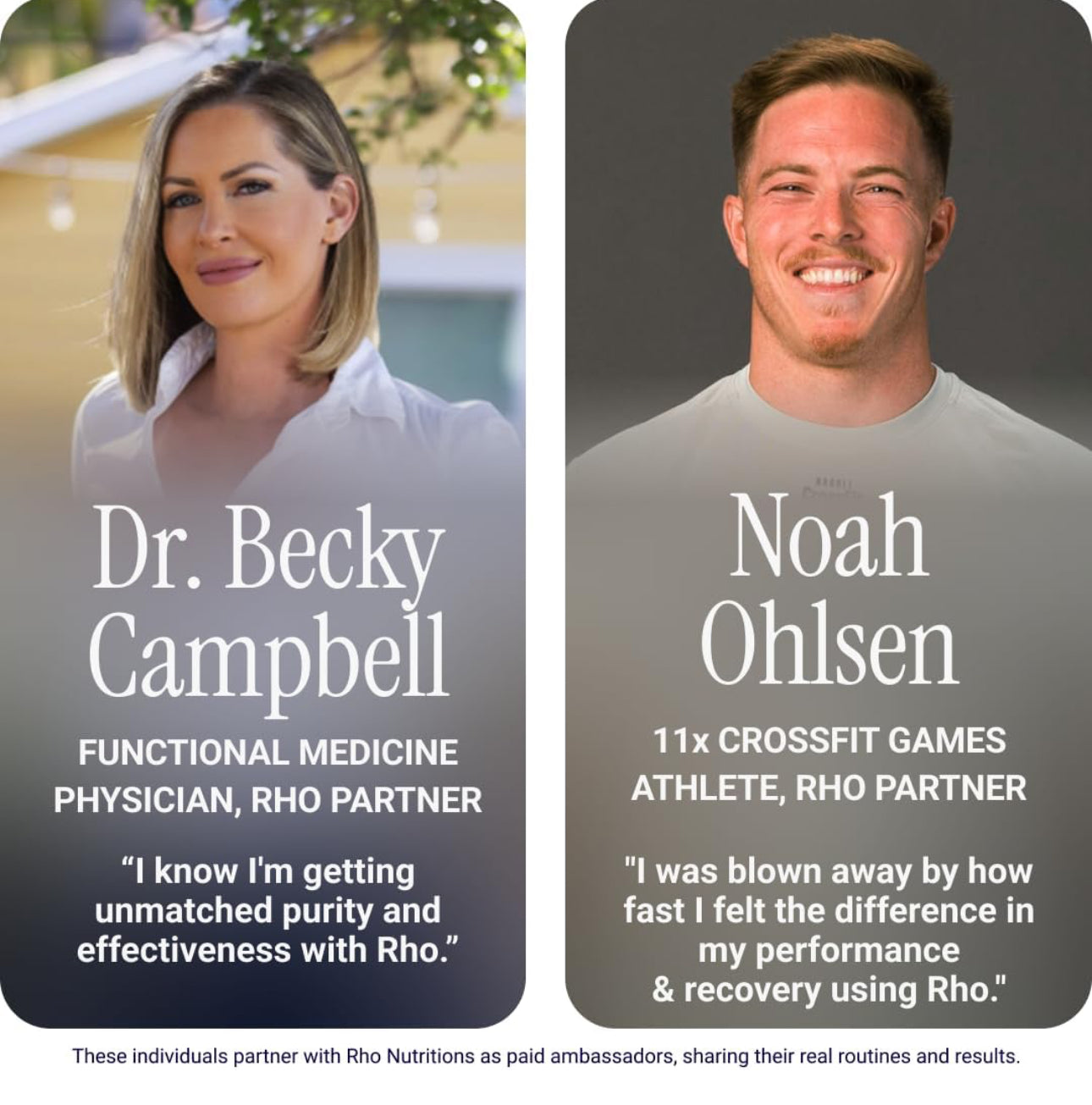 Two individuals, Dr. Becky Campbell and Noah Ohlsen, with their names and titles displayed on a gray background.