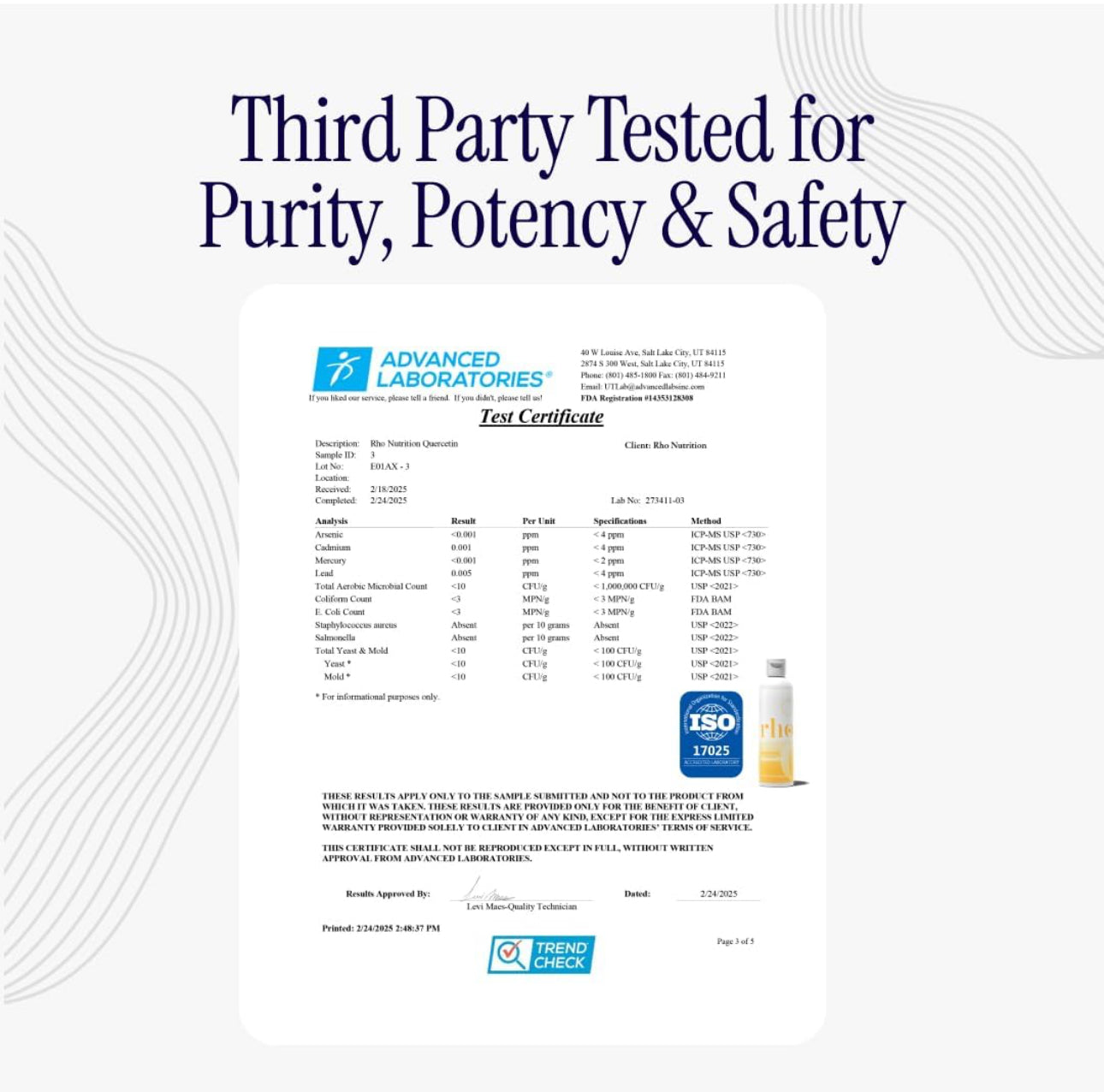 Advertisement for Advanced Laboratories product with certification details on a white background