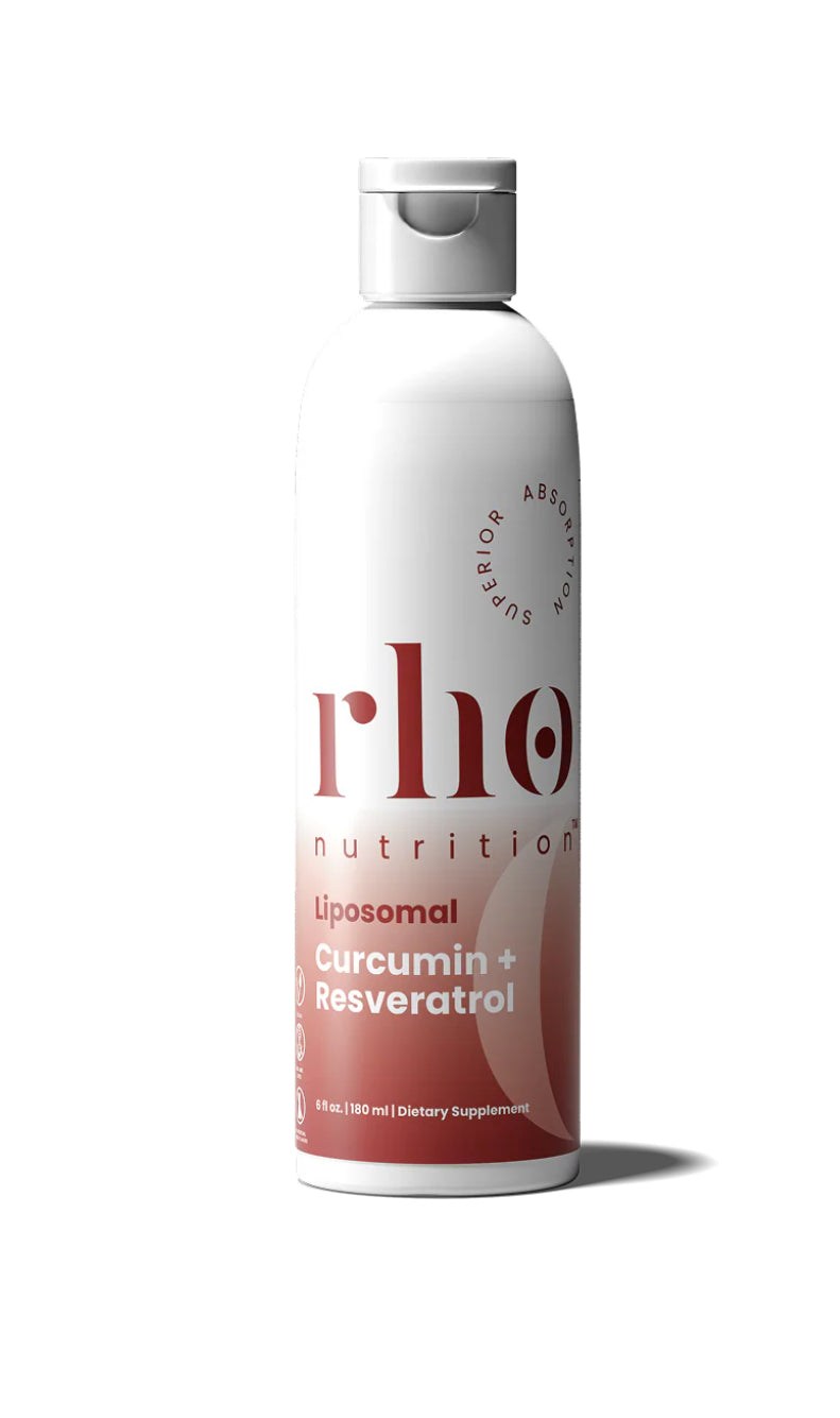 Supplement bottle labeled 'rho nutrition' on a white background