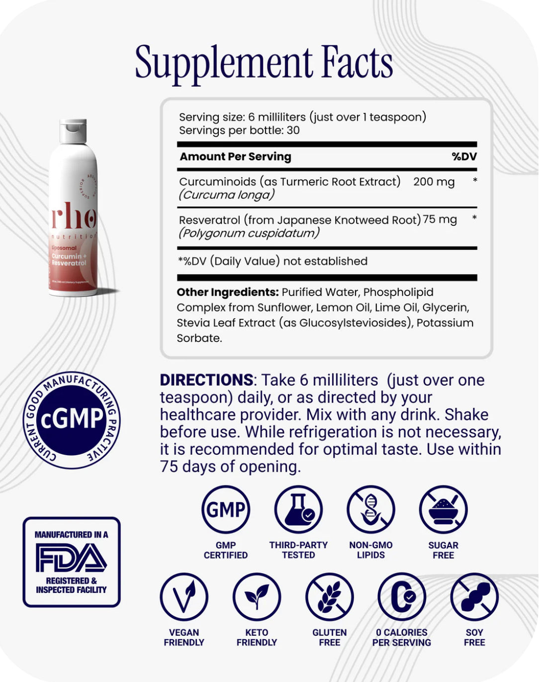 Supplement facts label for a product with various certifications and directions on a white background.