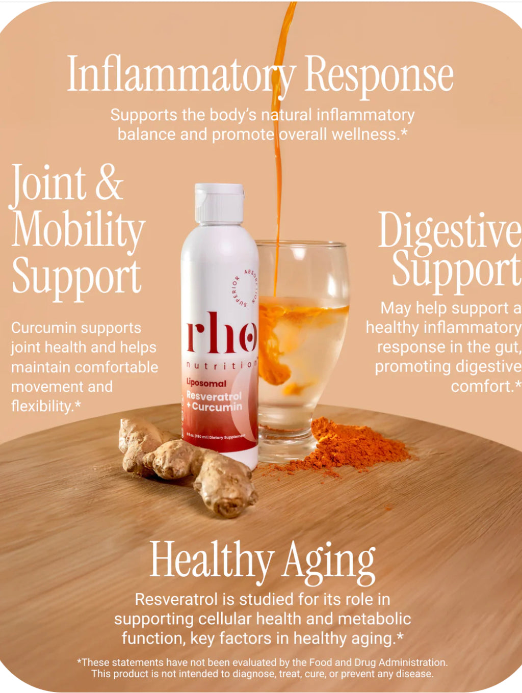 Rho supplement bottle with text about inflammatory response, joint mobility support, digestive support, and healthy aging on a wooden surface.