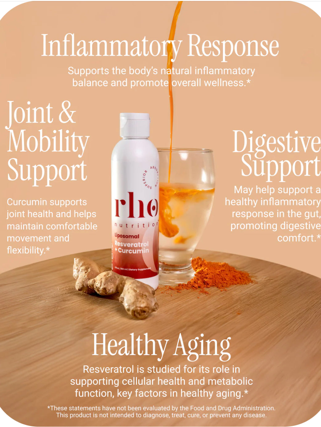 Rho supplement bottle with text about inflammatory response, joint mobility support, digestive support, and healthy aging on a wooden surface.