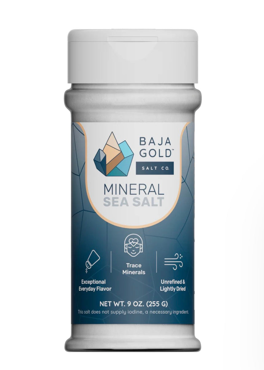 Baja Gold Mineral Sea Salt shakeron a white background