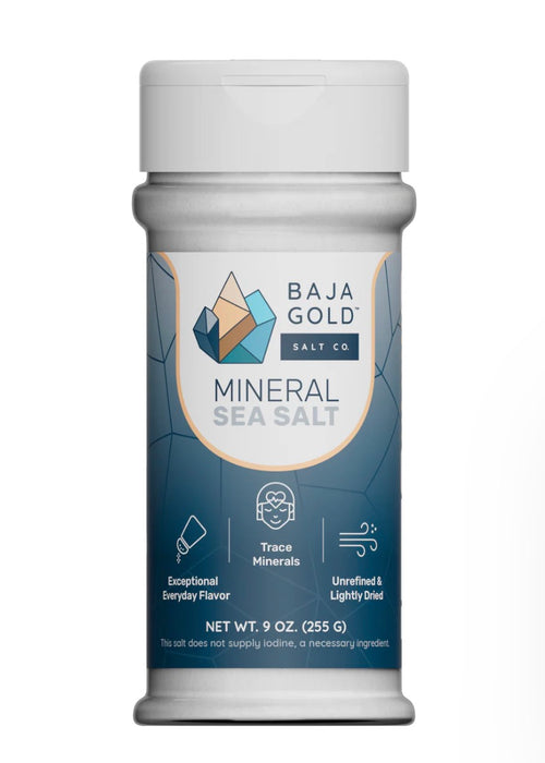 Baja Gold Mineral Sea Salt shakeron a white background