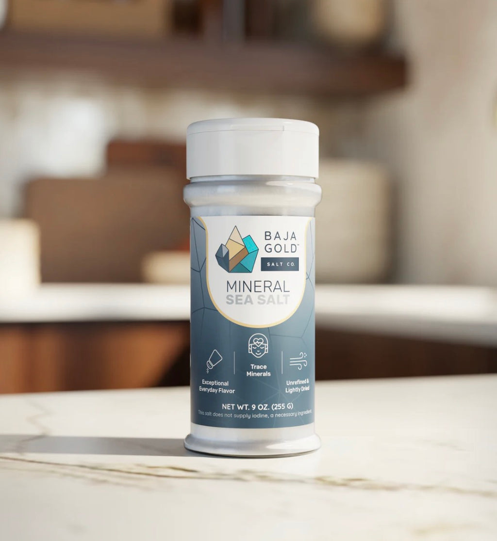 Baja Gold Mineral Sea Salt container on a kitchen counter