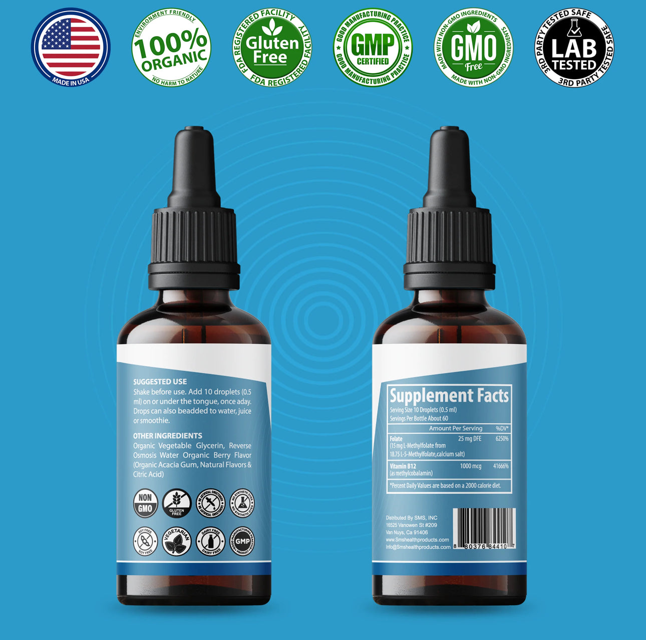 Two brown glass bottles with droppers on a blue background, featuring various certification logos.