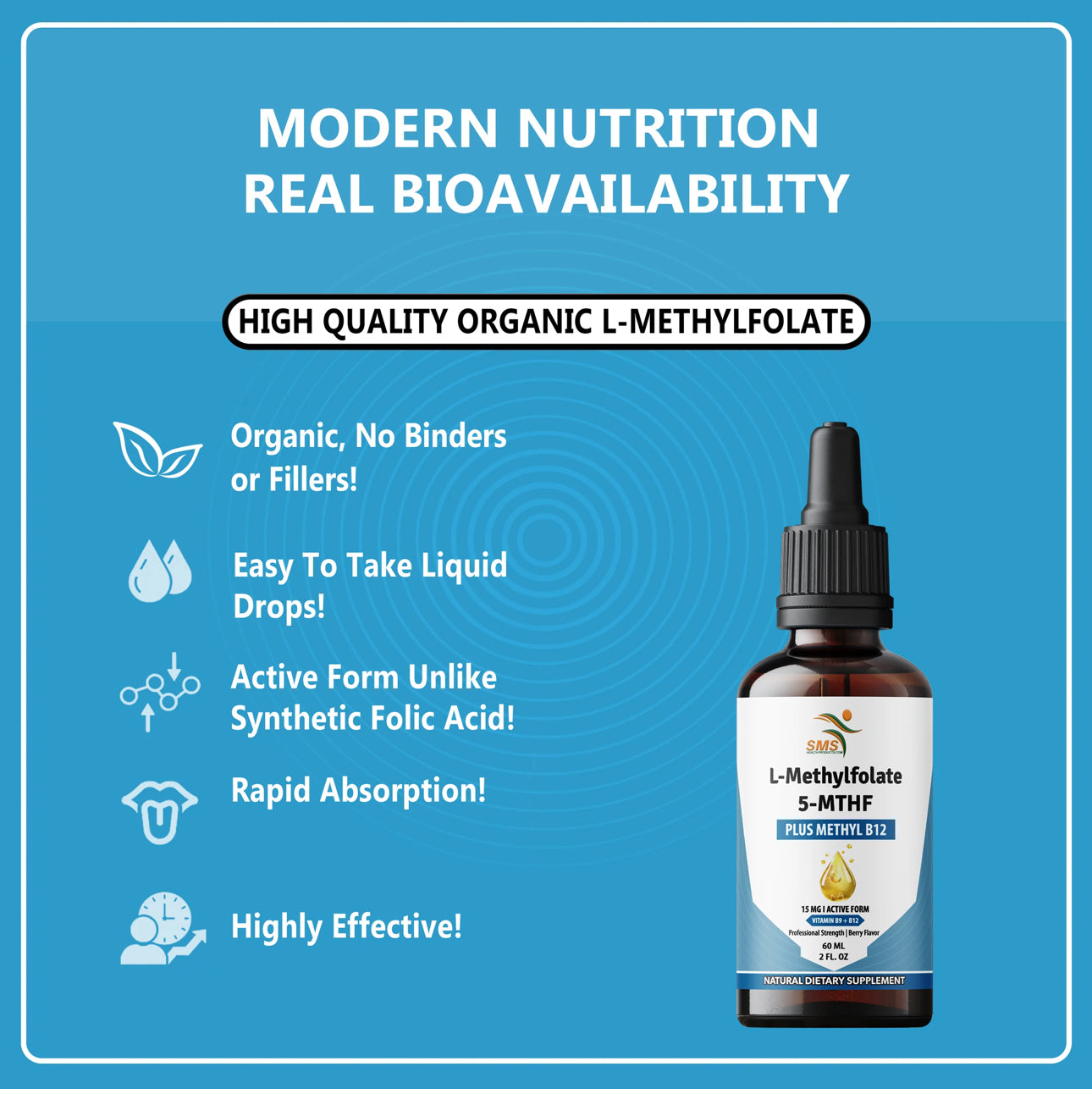 Bottle of L-Methylfolate supplement with blue background and text highlighting benefits