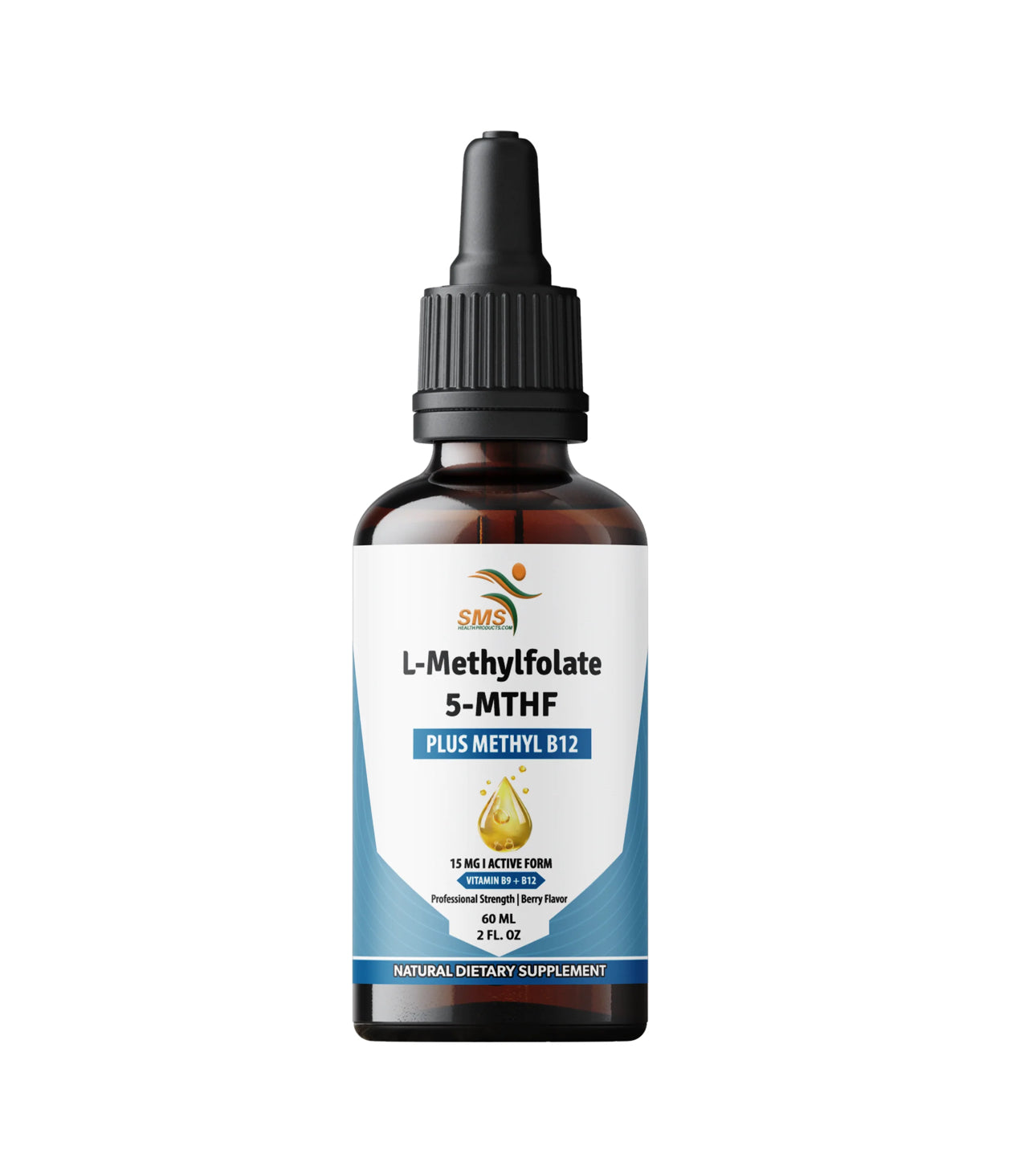Bottle of L-Methylfolate supplement with dropper on a white background