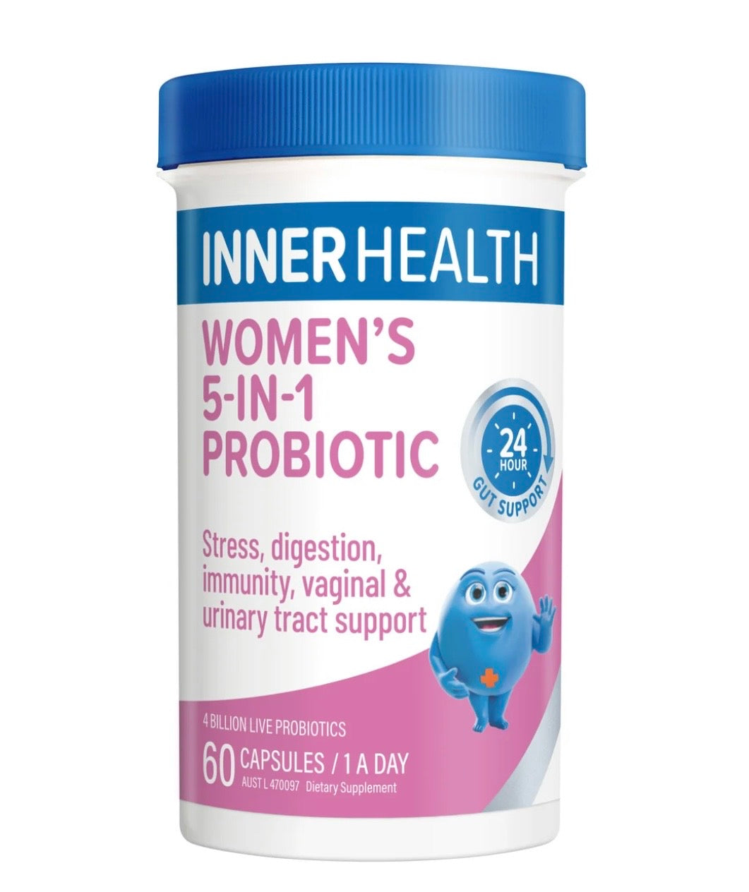 A white plastic bottle of Inner Health Women's 5-in-1 Probiotic with a blue cap, featuring a white label with blue and pink text and a blue cartoon character.
