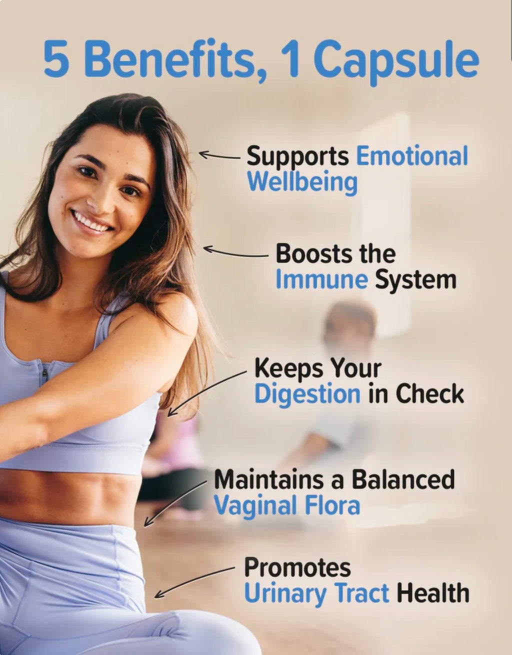 Promotional graphic with a smiling woman in light blue activewear and overlaid text reading '5 Benefits, 1 Capsule' plus five benefit claims about emotional wellbeing, immune system, digestion, vaginal flora, and urinary tract health.
