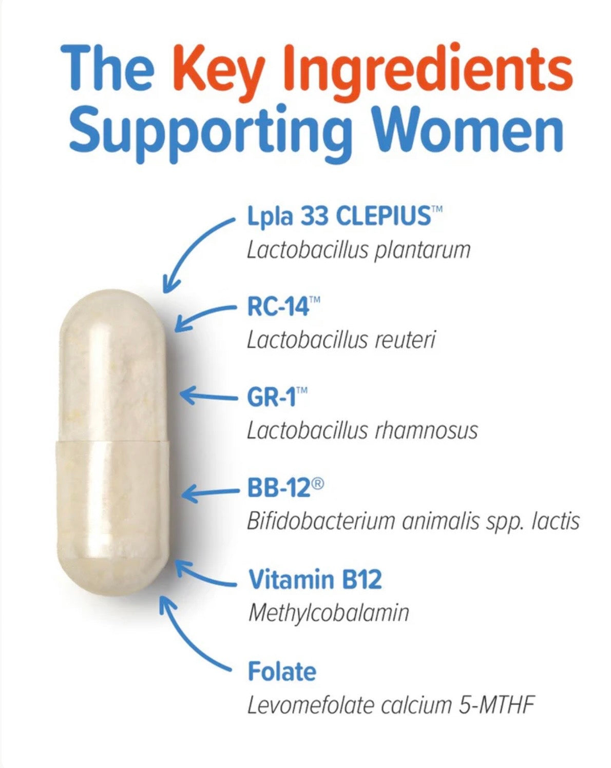 An infographic titled 'The Key Ingredients Supporting Women' shows a beige capsule pill on a white background with blue and orange text pointing to ingredients: Lpla 33 CLEPIUS, RC-14, GR-1, BB-12, Vitamin B12, and Folate.