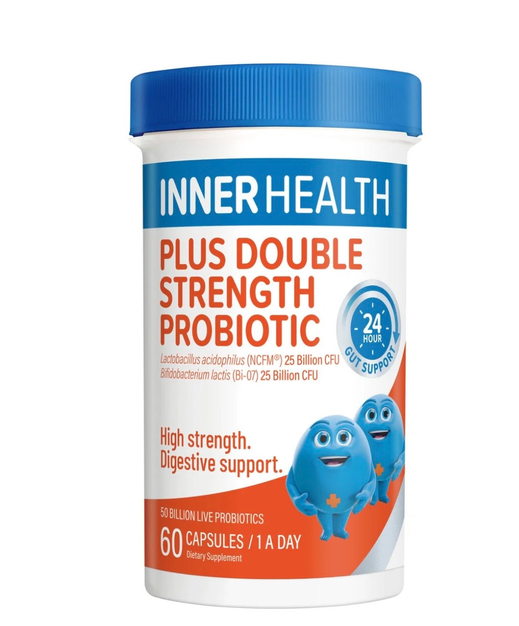 A white plastic bottle of Inner Health Plus Double Strength Probiotic with a blue cap, featuring blue and orange text and graphics on the label.