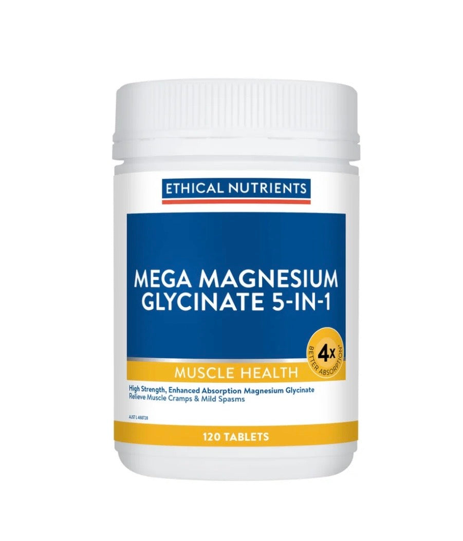 A white plastic bottle of Ethical Nutrients Mega Magnesium Glycinate 5-in-1 supplement, featuring a blue and gold label on a plain white background.