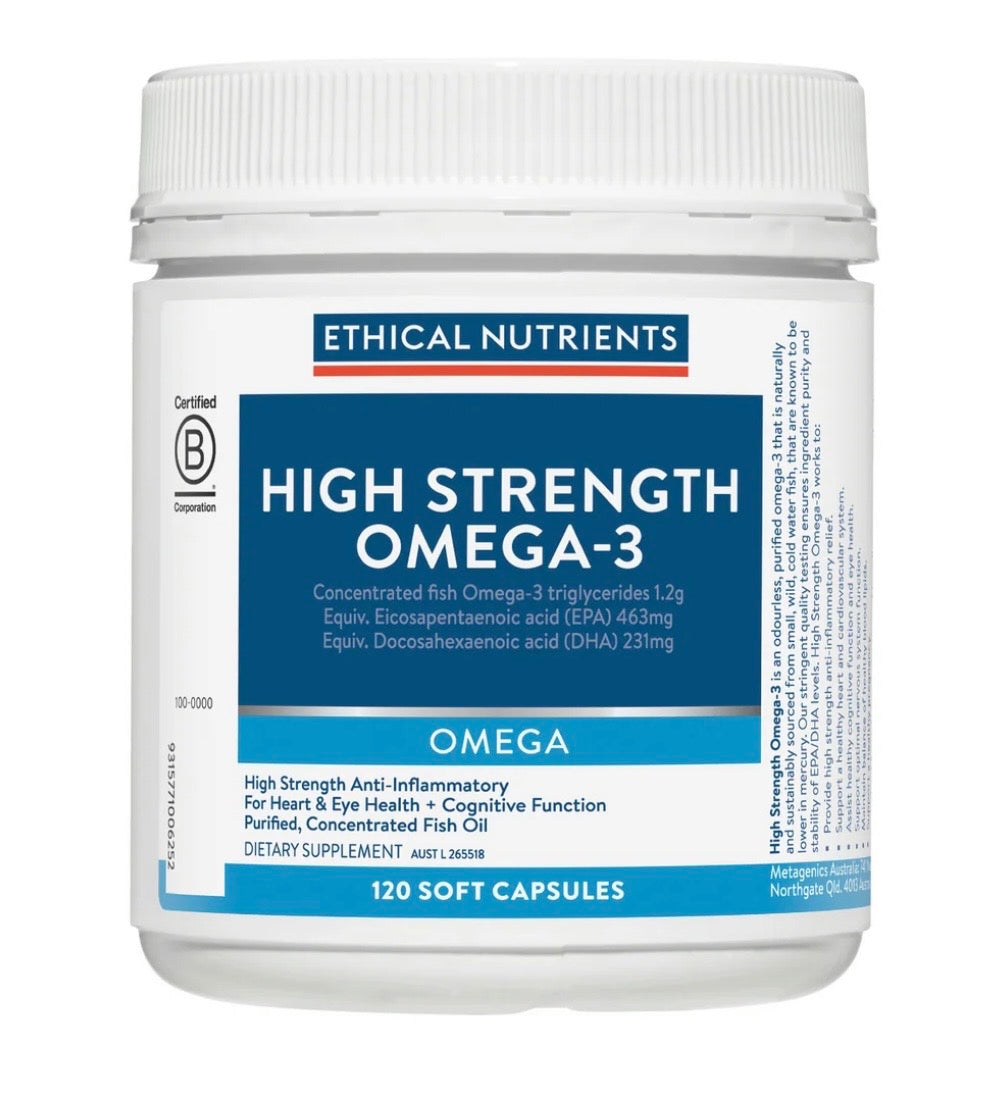 A white plastic bottle of Ethical Nutrients High Strength Omega-3 dietary supplement with a blue and white label, containing 120 soft capsules.