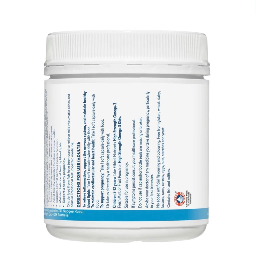 A white plastic supplement bottle with a ribbed white cap, showing the back label with text and a blue band near the bottom, on a plain white background.