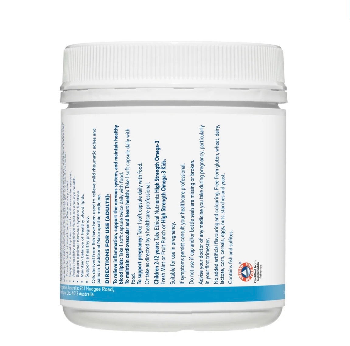 A white plastic supplement bottle with a ribbed white cap, showing the back label with text and a blue band near the bottom, on a plain white background.