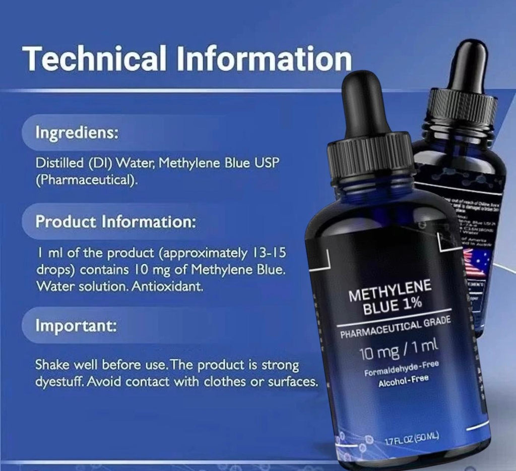Bottle of Methylene Blue 1% with technical information on a blue background