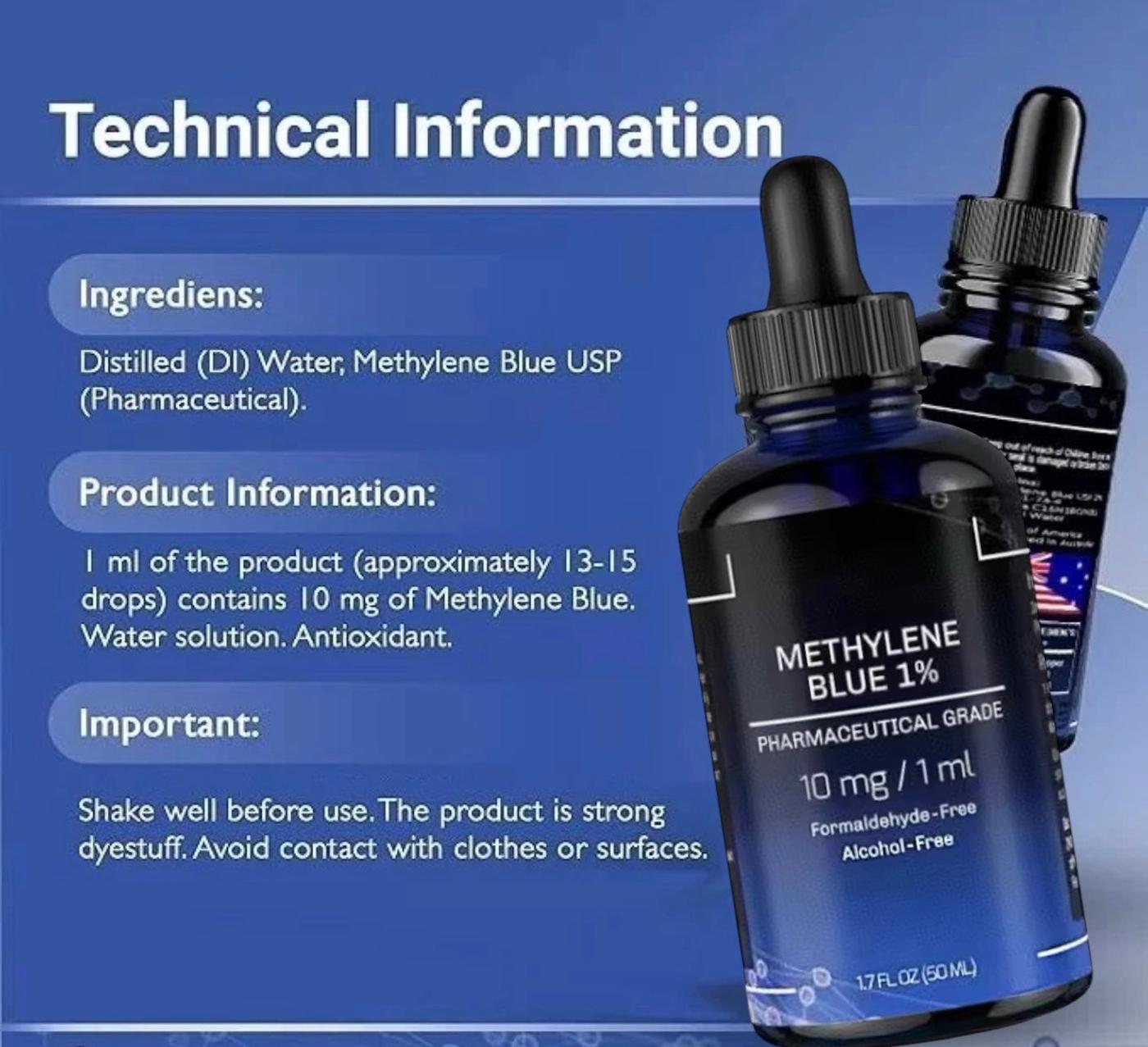Bottle of Methylene Blue 1% with technical information on a blue background