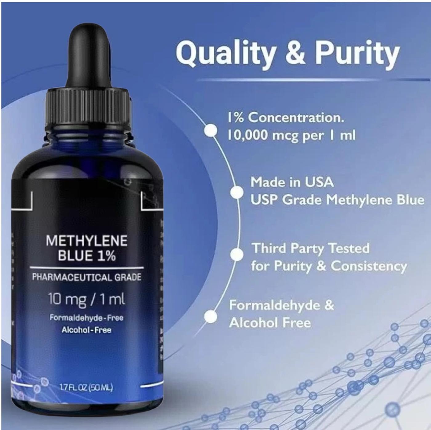 Bottle of Methylene Blue with product details on a blue background