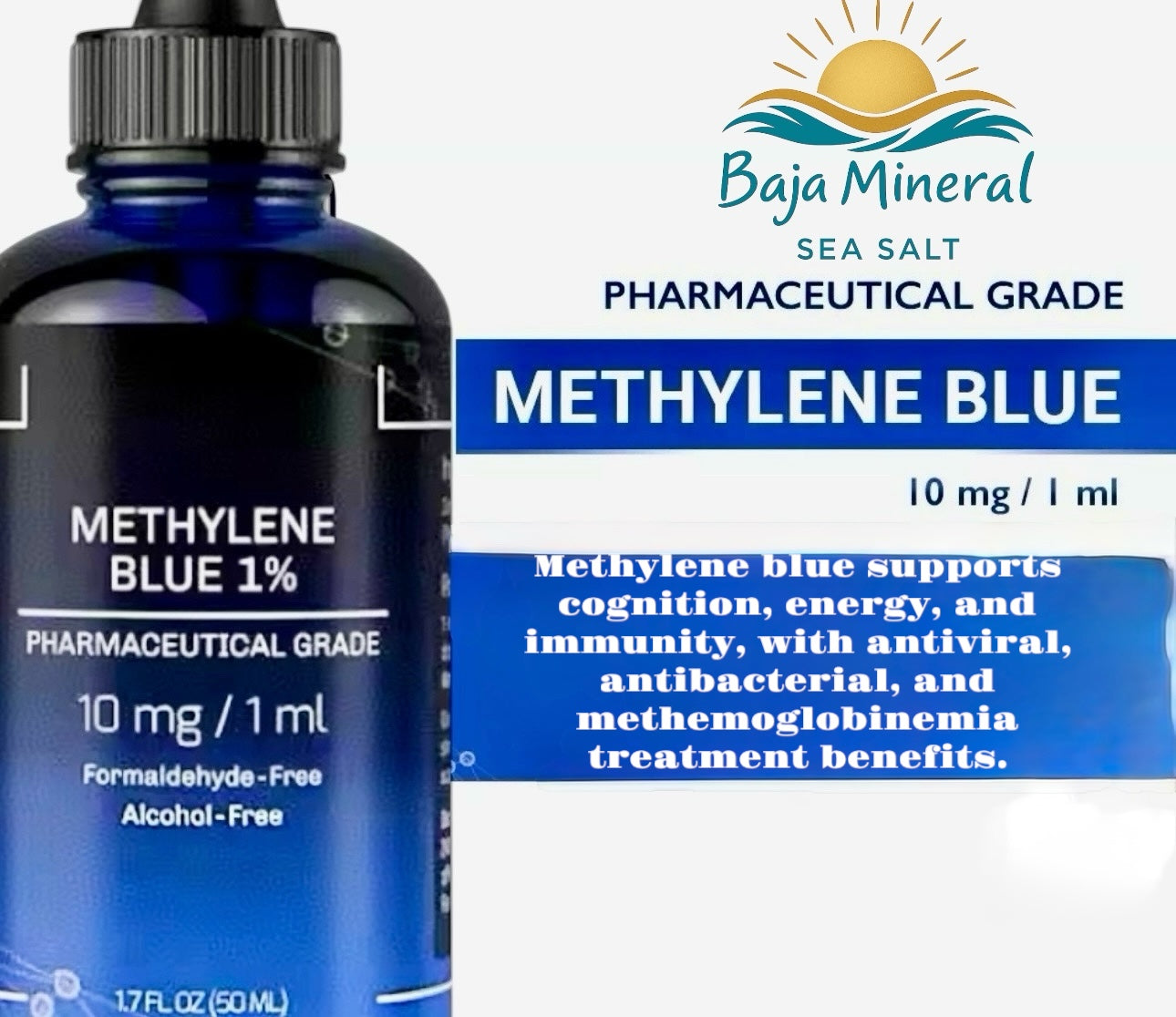 Bottle of Baja Mineral Methylene Blue with product details on a white background