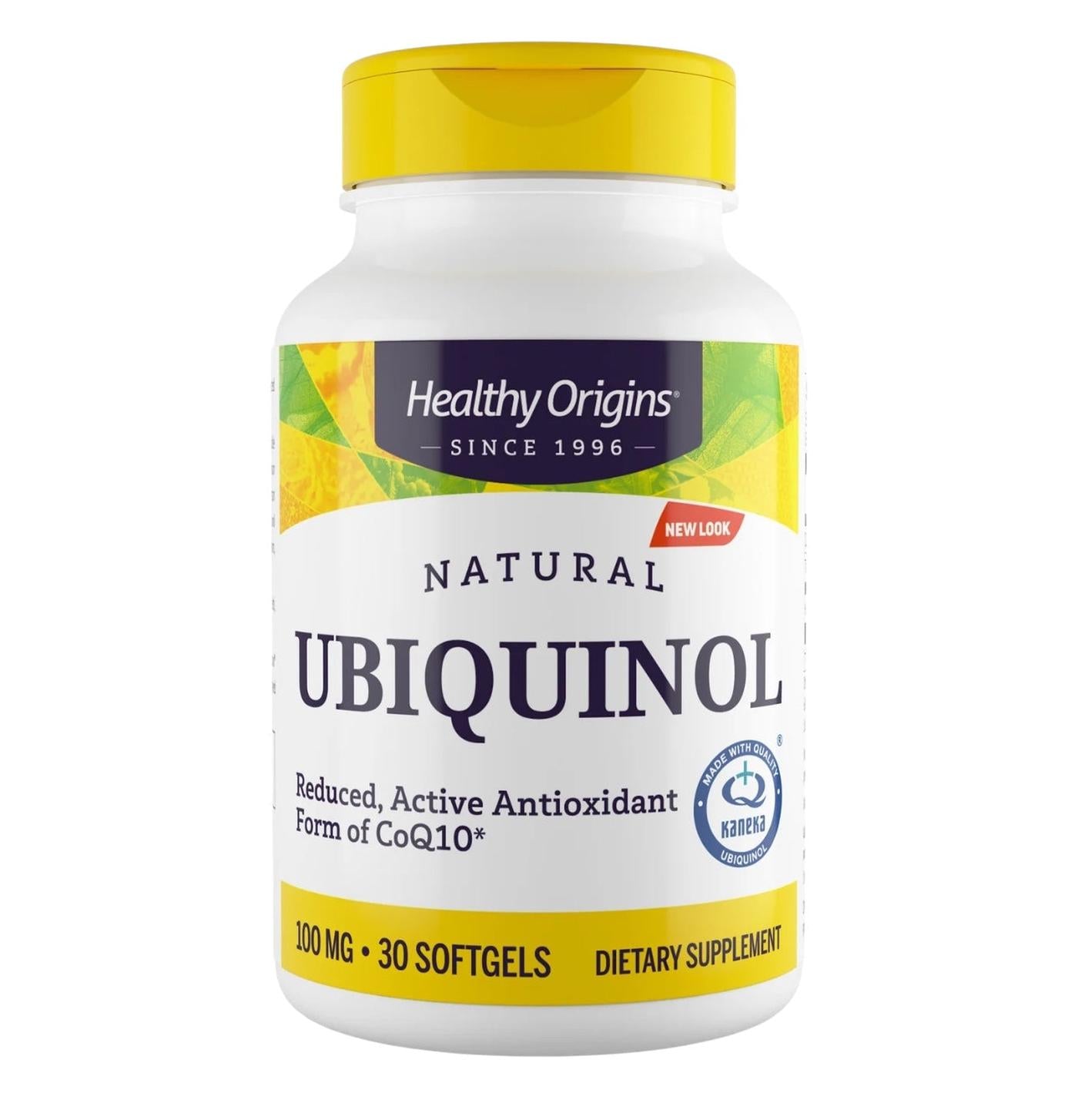 Supplement bottle labeled 'Healthy Origins Natural Ubiquinol' on a white background