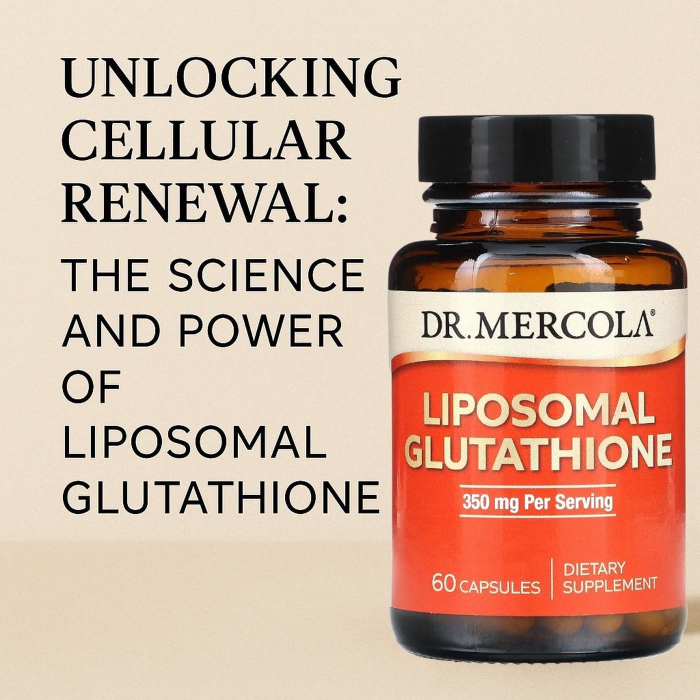 Dr. Mercola Liposomal Glutathione supplement bottle with text on a beige background