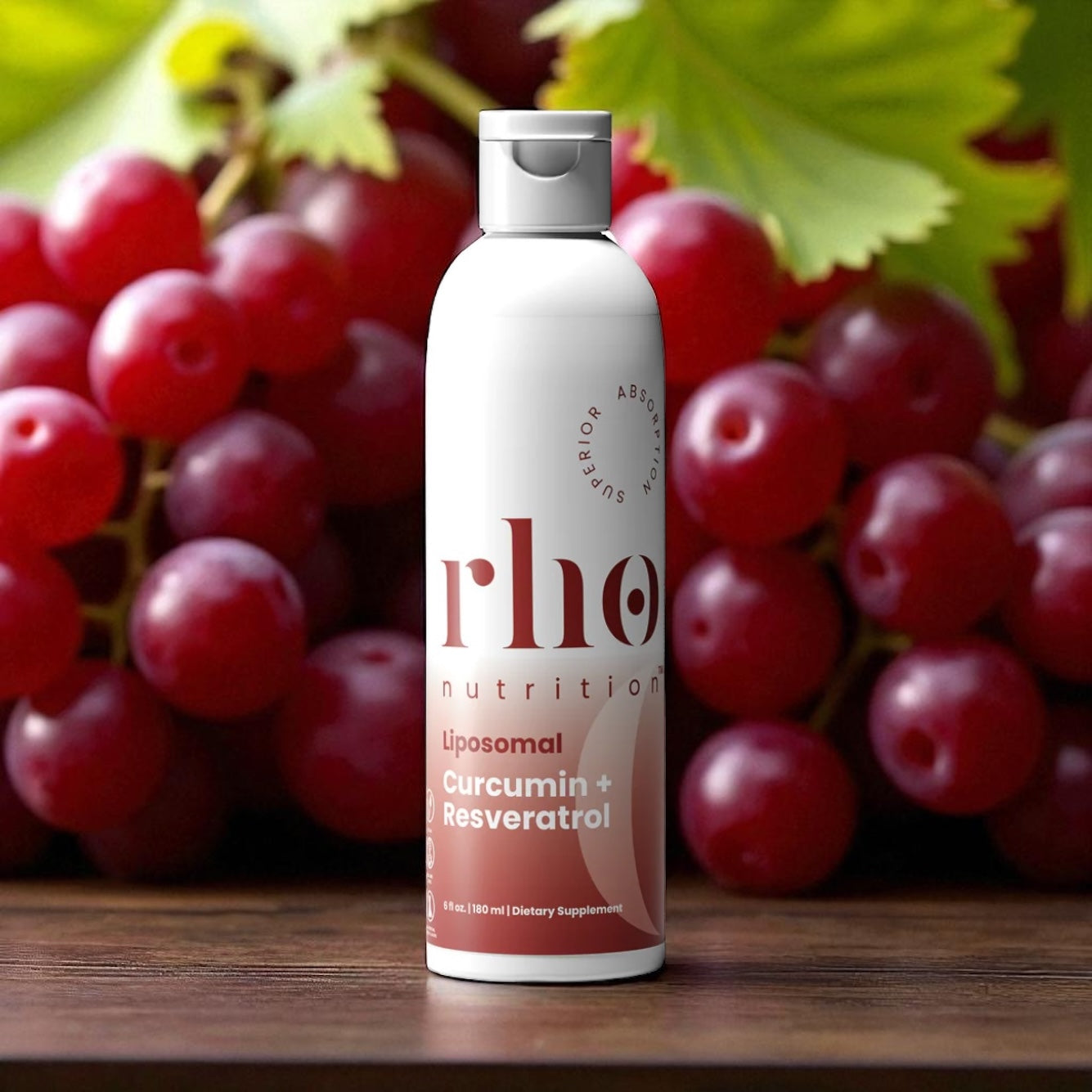 rho nutrition bottle with red grapes in the background