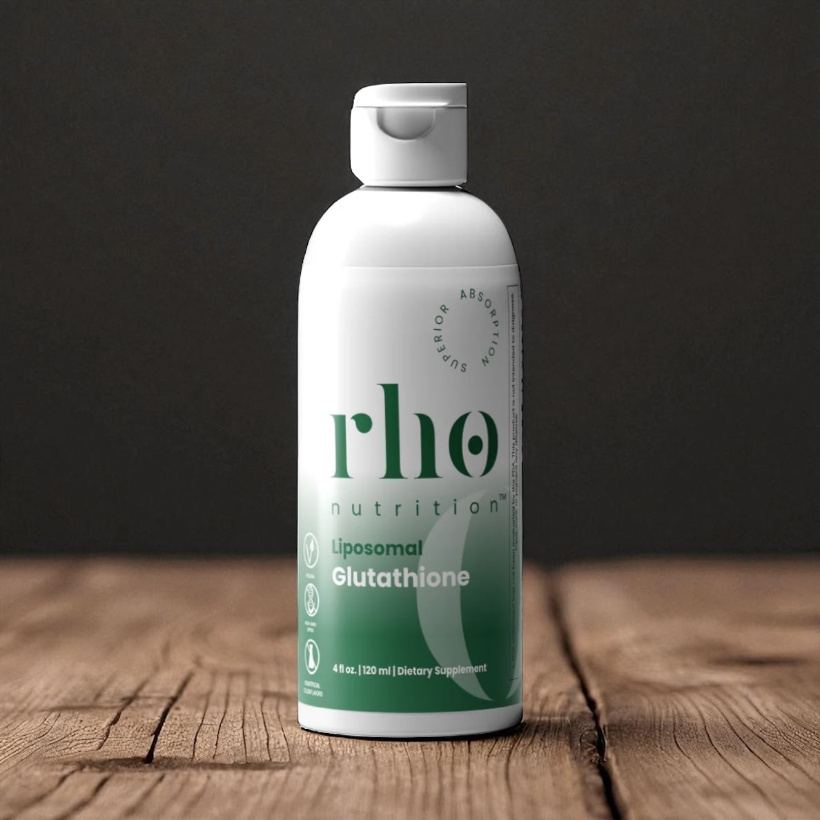 rho nutrition supplement bottle on a wooden surface with a dark background