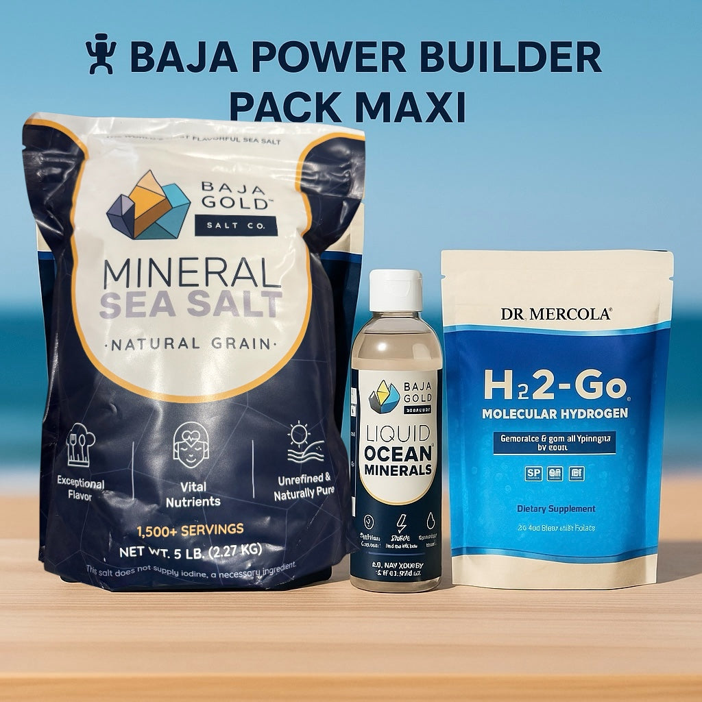 Baja Gold Mineral Sea Salt, Dr. Mercola H2-Go, and Baja Gold Liquid Ocean Minerals on a wooden surface with a blue gradient background.
