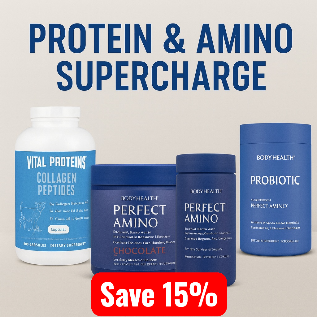 Supplement products including 'Vital Proteins Collagen Peptides' and 'Body Health Perfect Amino' with promotional text on a beige background.
