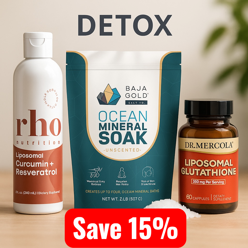 Three health products with labels on a beige background, including 'rho nutrition', 'Baja Gold Ocean Mineral Soak', and 'Dr. Mercola'.
