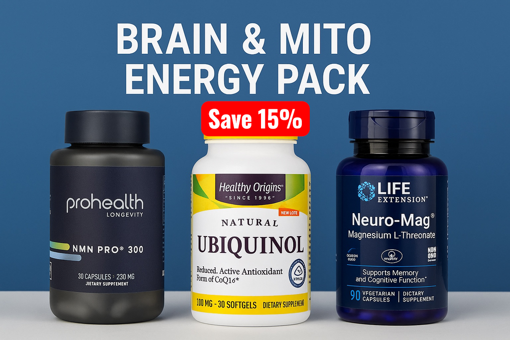 Three supplement bottles with promotional text on a blue background