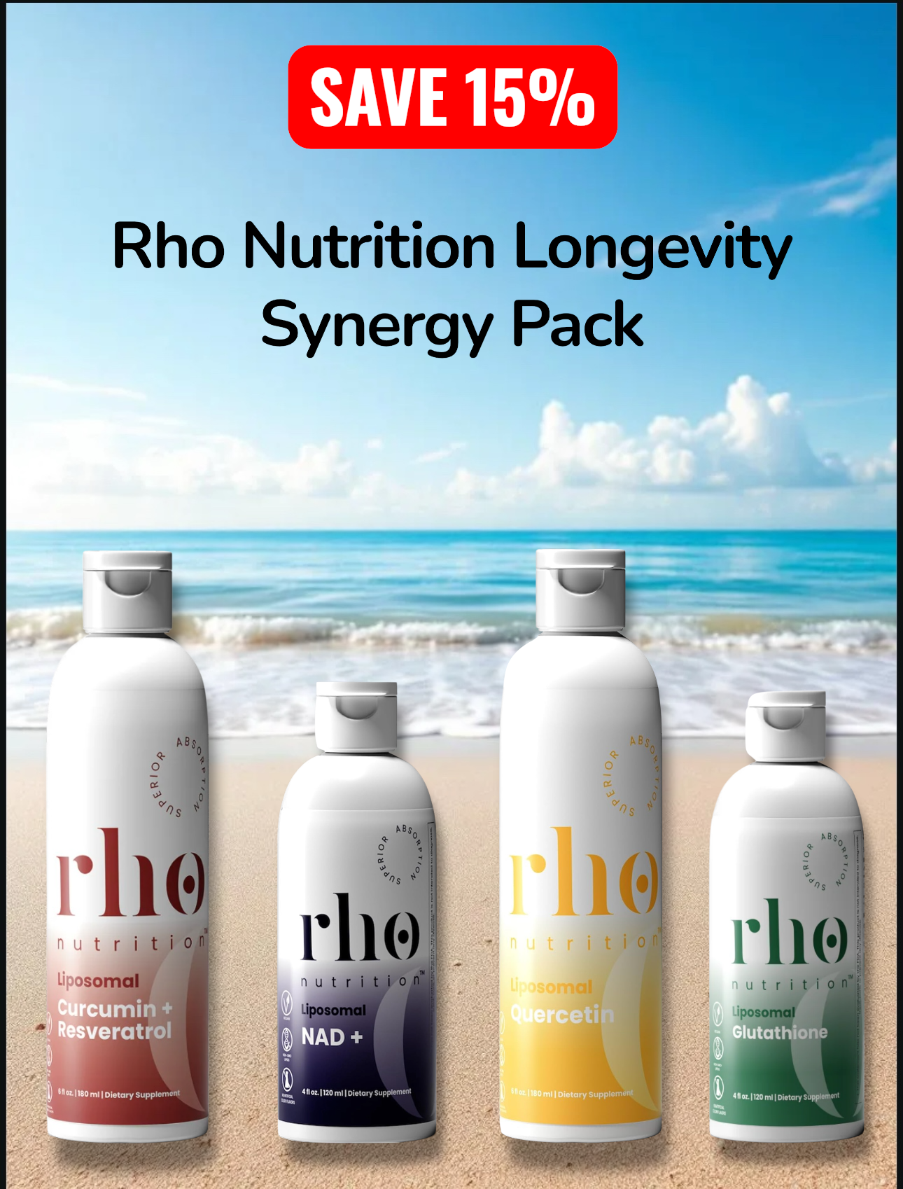 Rho Nutrition Longevity Synergy Pack with beach background and promotional text.