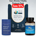Supplement products including Baja Gold salt, BodyHealth Perfect Amino, and Dr. Mercola H2 Molecular Hydrogen on a light gray background.