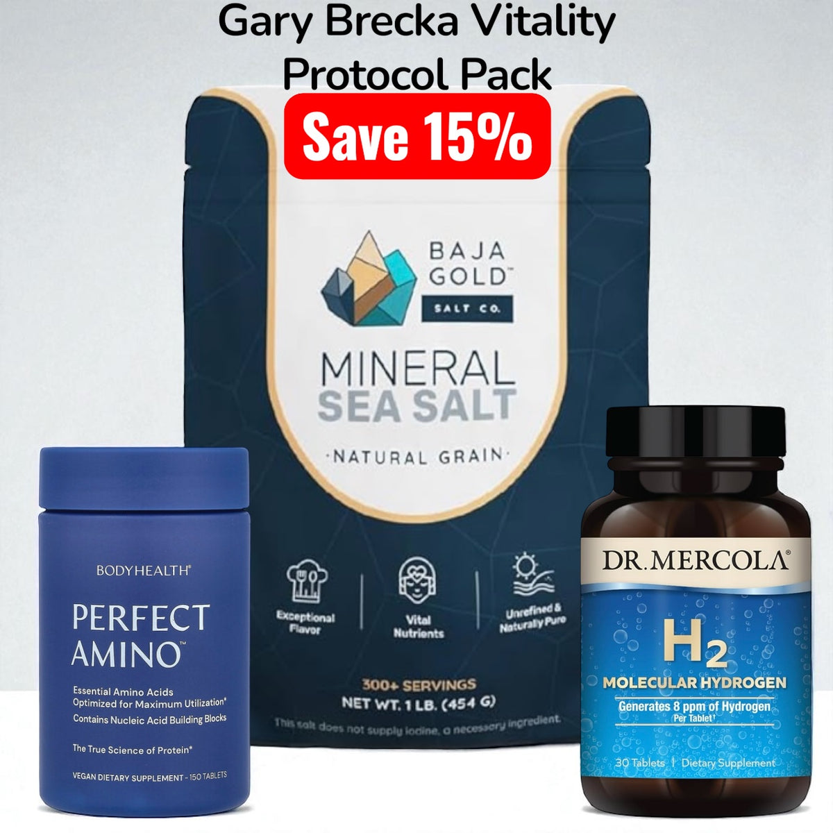 Supplement products including Baja Gold salt, BodyHealth Perfect Amino, and Dr. Mercola H2 Molecular Hydrogen on a light gray background.
