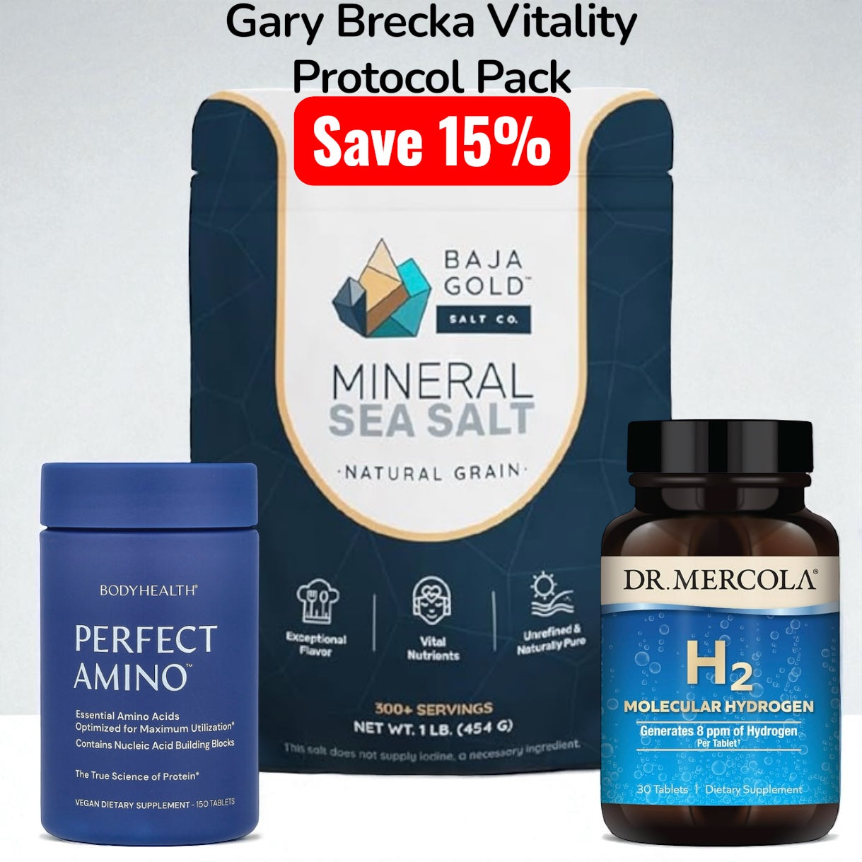 Supplement products including Baja Gold salt, BodyHealth Perfect Amino, and Dr. Mercola H2 Molecular Hydrogen on a light gray background.