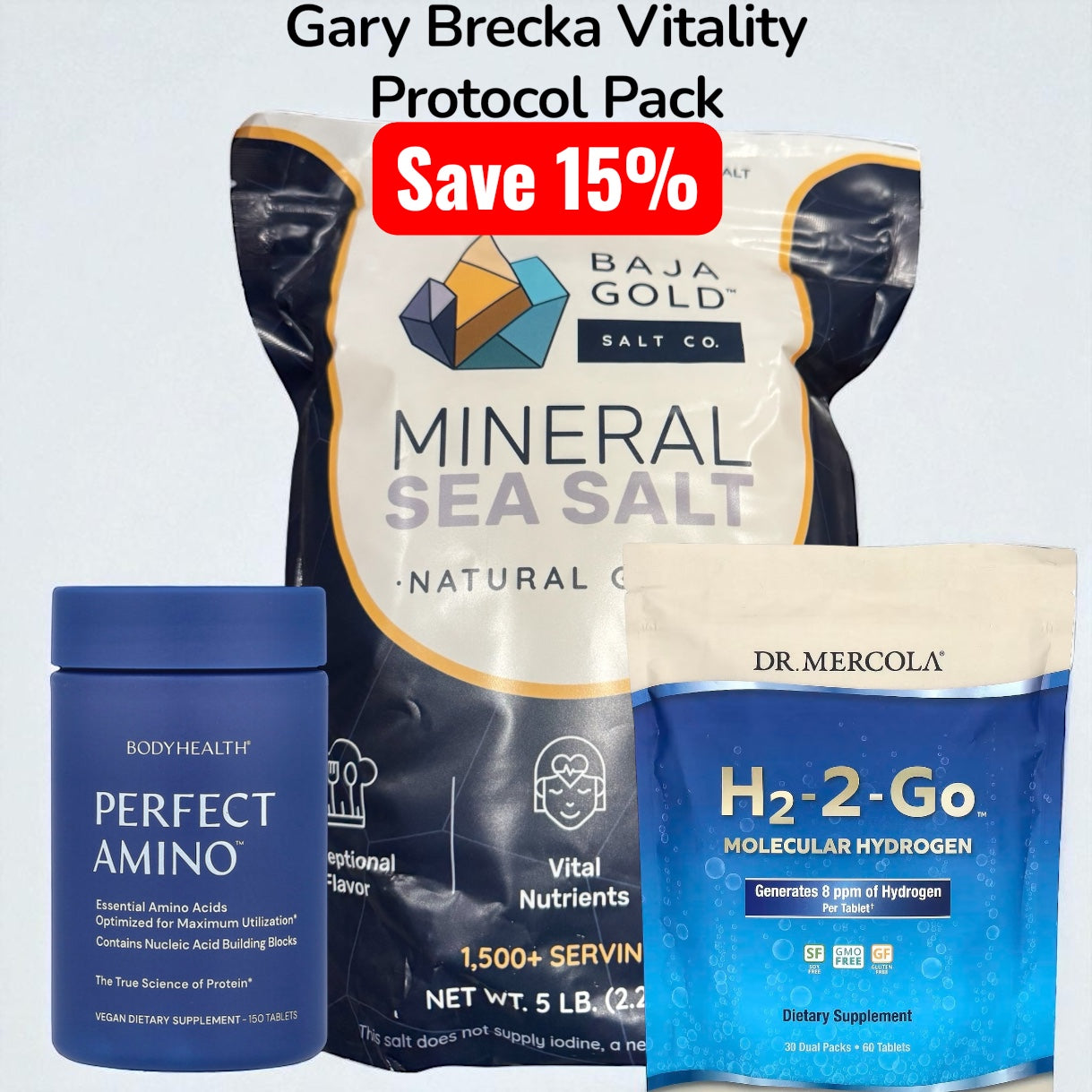 Baja Gold Mineral Sea Salt package with BodyHealth Perfect Amino and Dr. Mercola H2-2-Go on a light gray background.