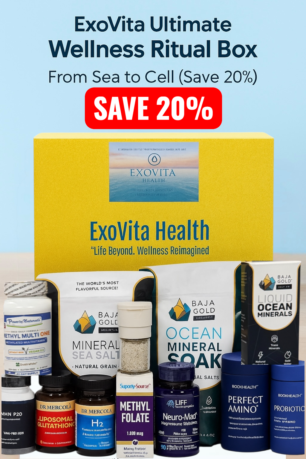 ExoVita Ultimate Wellness Ritual Box with various health products on a light blue background