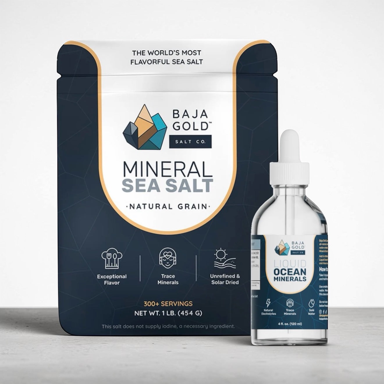 Baja Gold mineral sea salt packaging and ocean minerals bottle on a white background