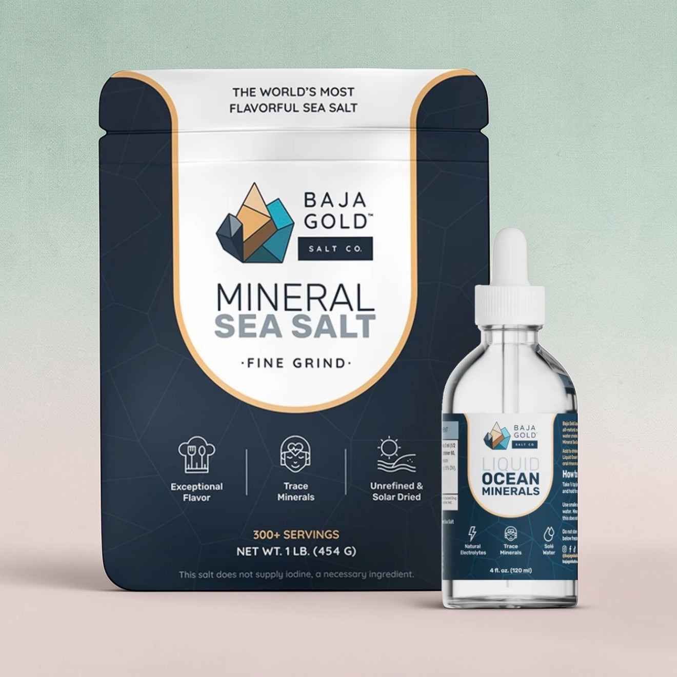 Baja Gold mineral sea salt packaging and a bottle of liquid ocean minerals on a light green background