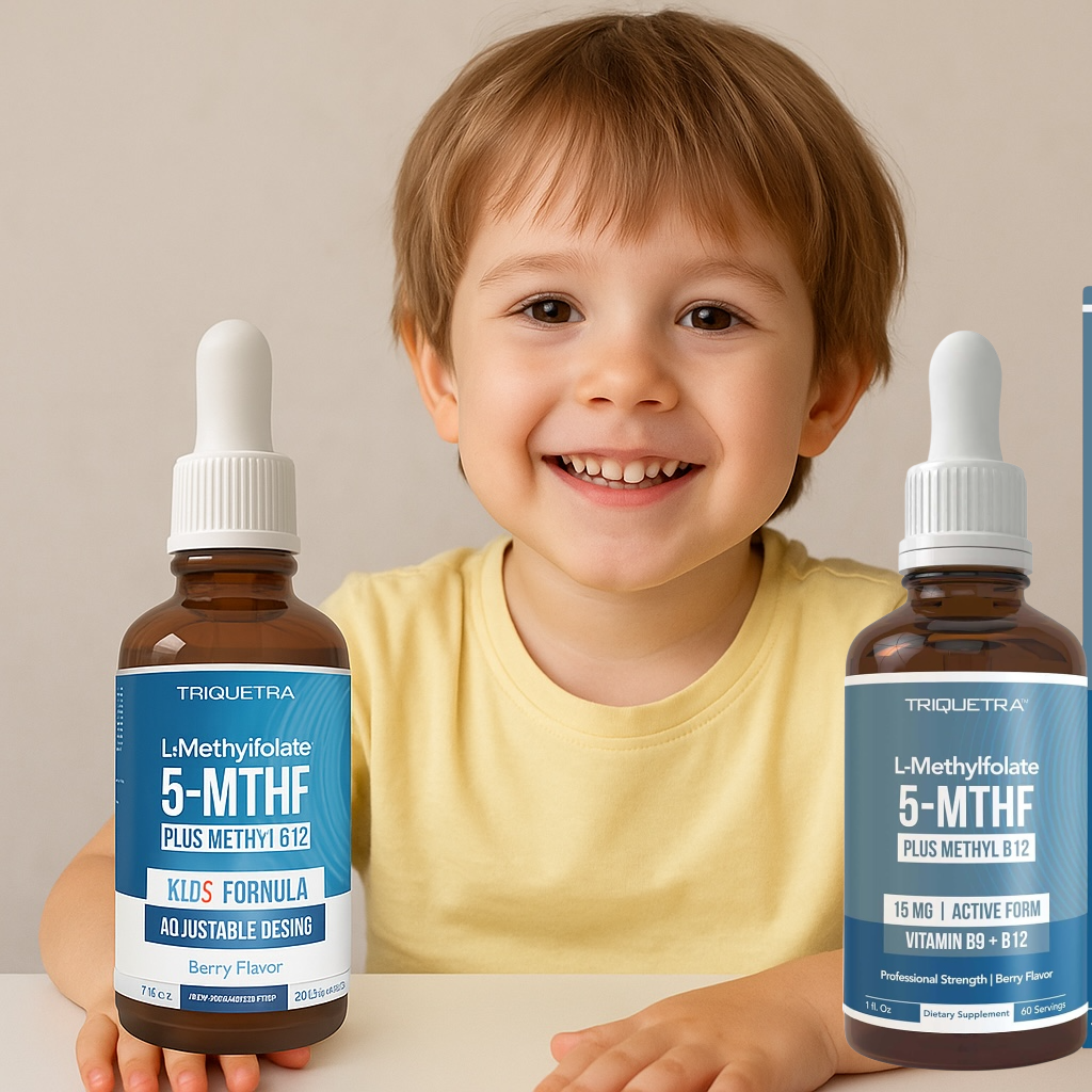 Child holding a bottle of Triquetra L-Methylfolate 5-MTHF supplement with another bottle in the background.