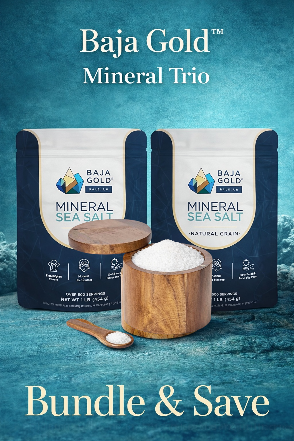 Baja Gold Mineral Sea Salt packages with wooden containers and spoon on a blue background